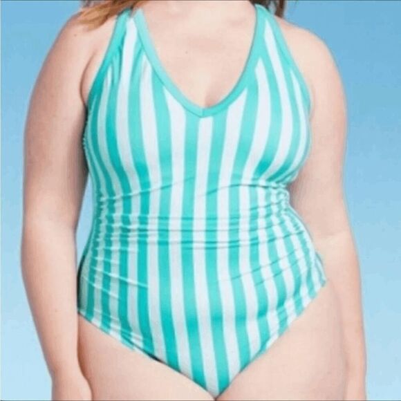 Kona Sol Aqua Teal Striped High Leg One Piece Swim Suit Size 14W - Picture 7 of 8